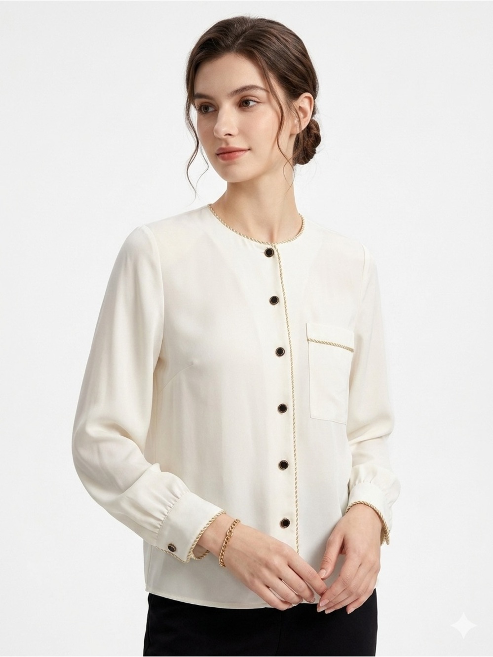 Leslie Fay Cream and Gold Piping Blouse